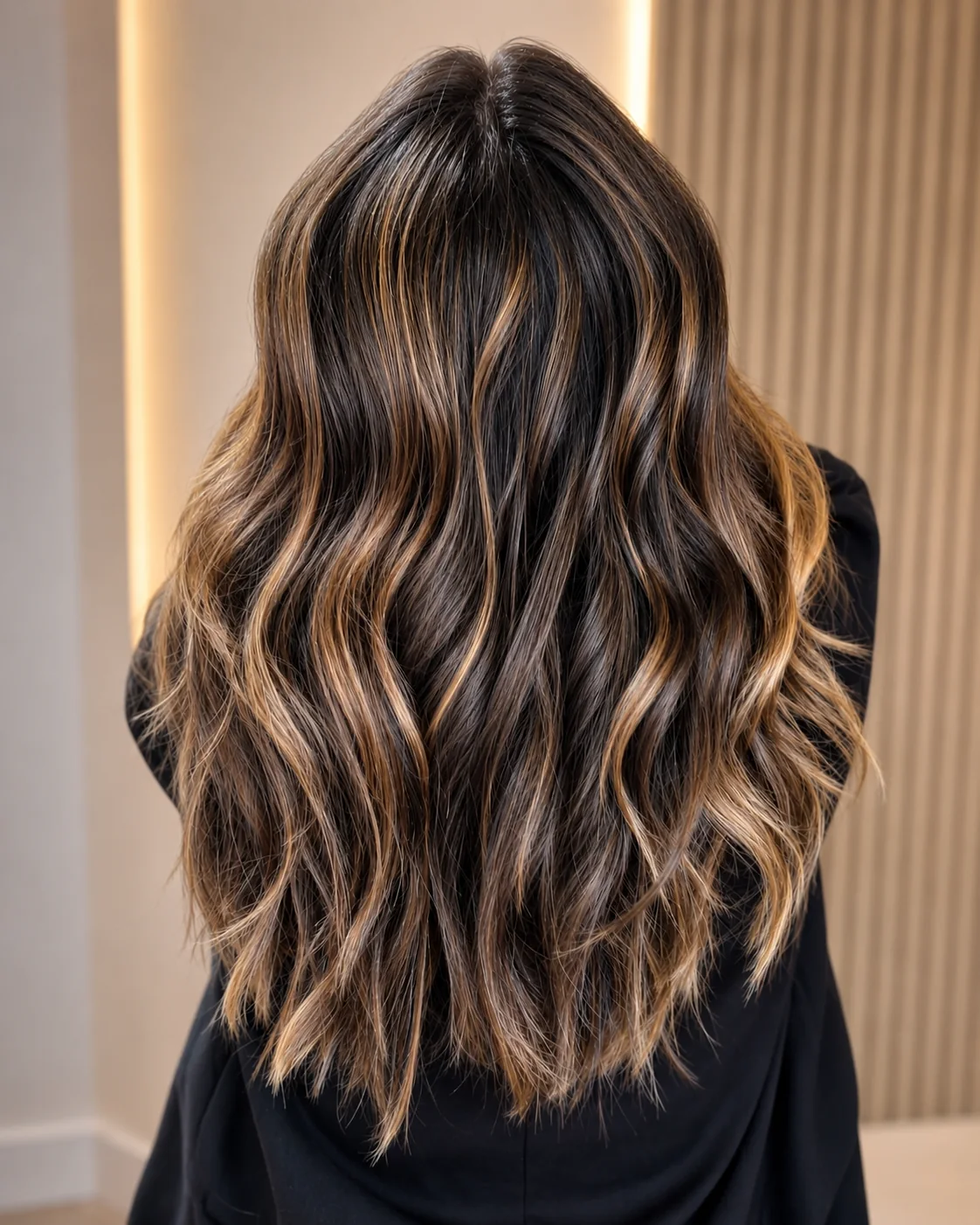 Melena ondulada con balayage y reflejos caramelo