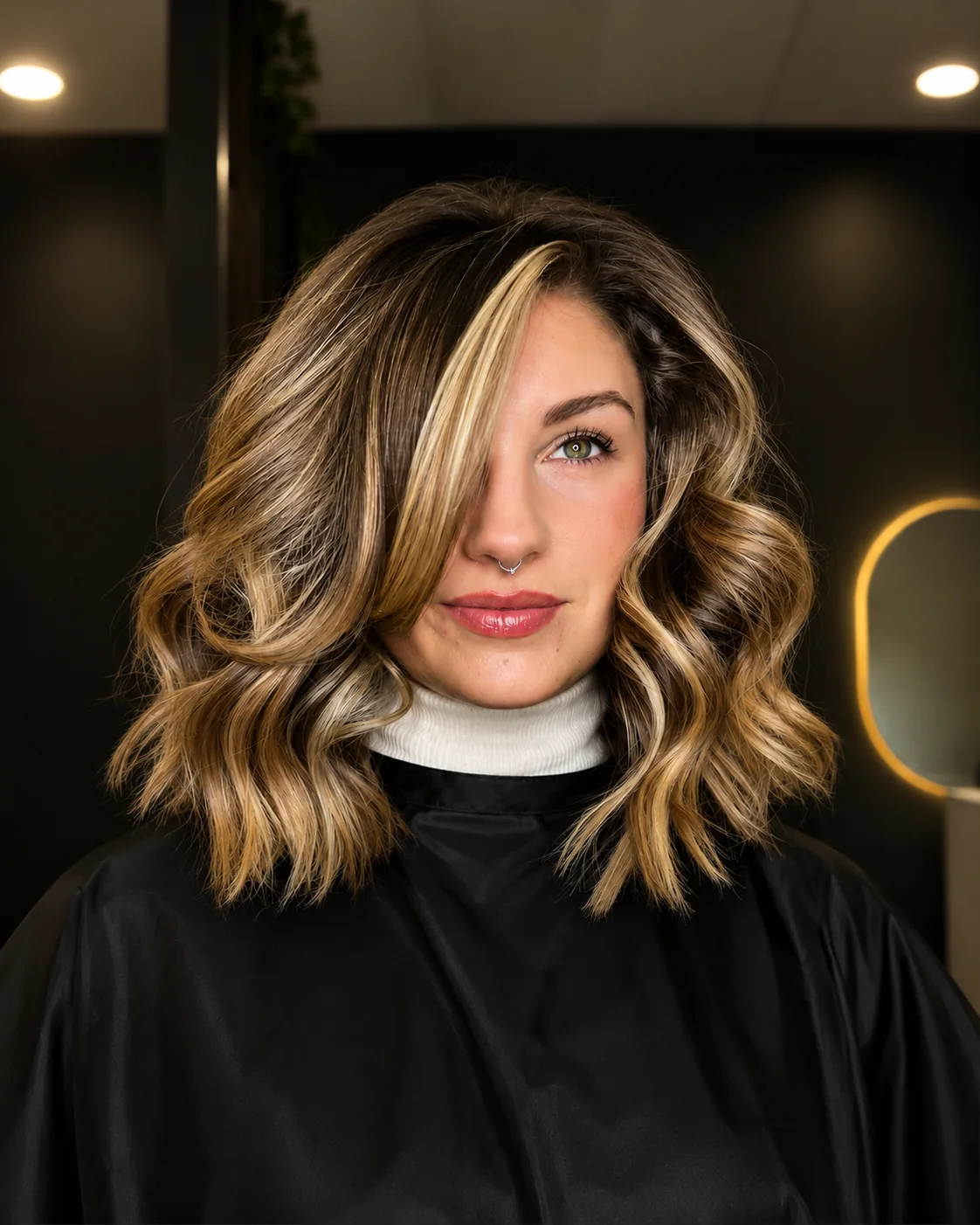 Clienta con corte bob ondulado y mechas rubias en Sansa Hair Salon